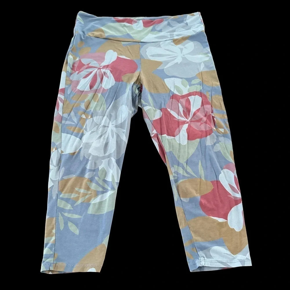 Fresh Produce Large Oceanside Floral Cropped Leggings Knit Pants Stretchy Blue L